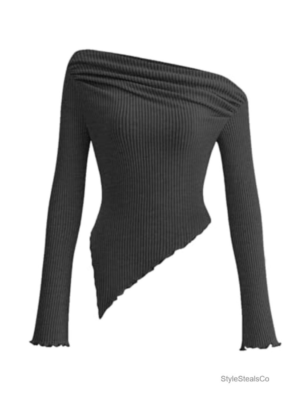 Off Shoulder Long Sleeve Ribbed Knit Crop Top Ruched Asymmetrical